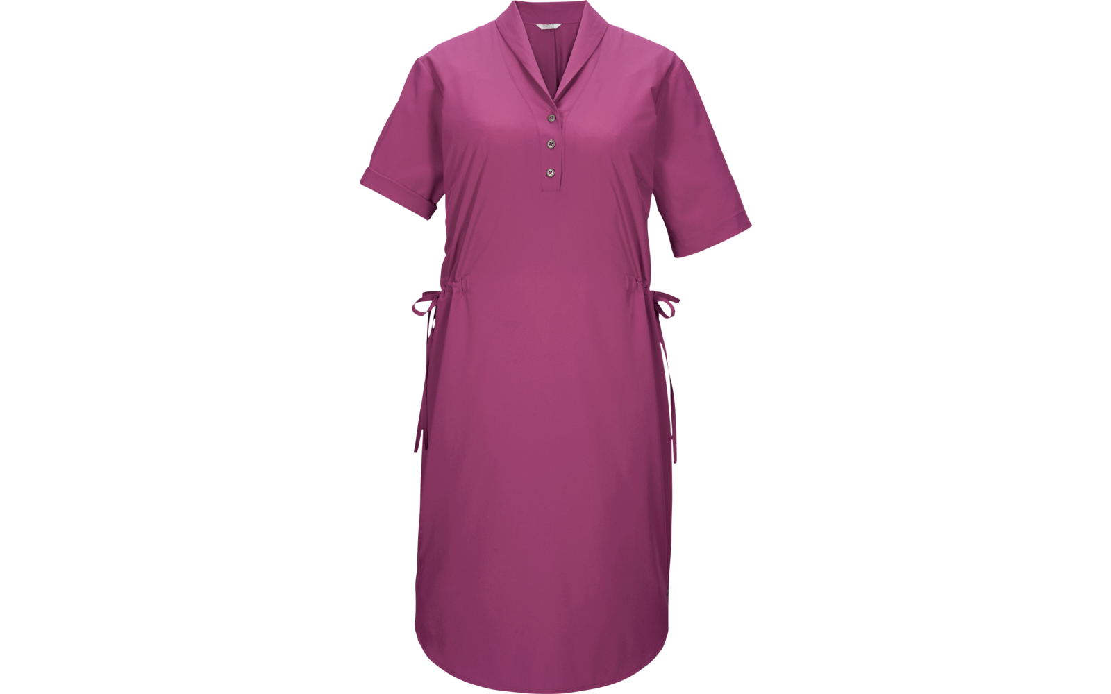 Vestido fucsia hasta la rodilla con mangas cortas, escote en V, botonadura y lazos laterales