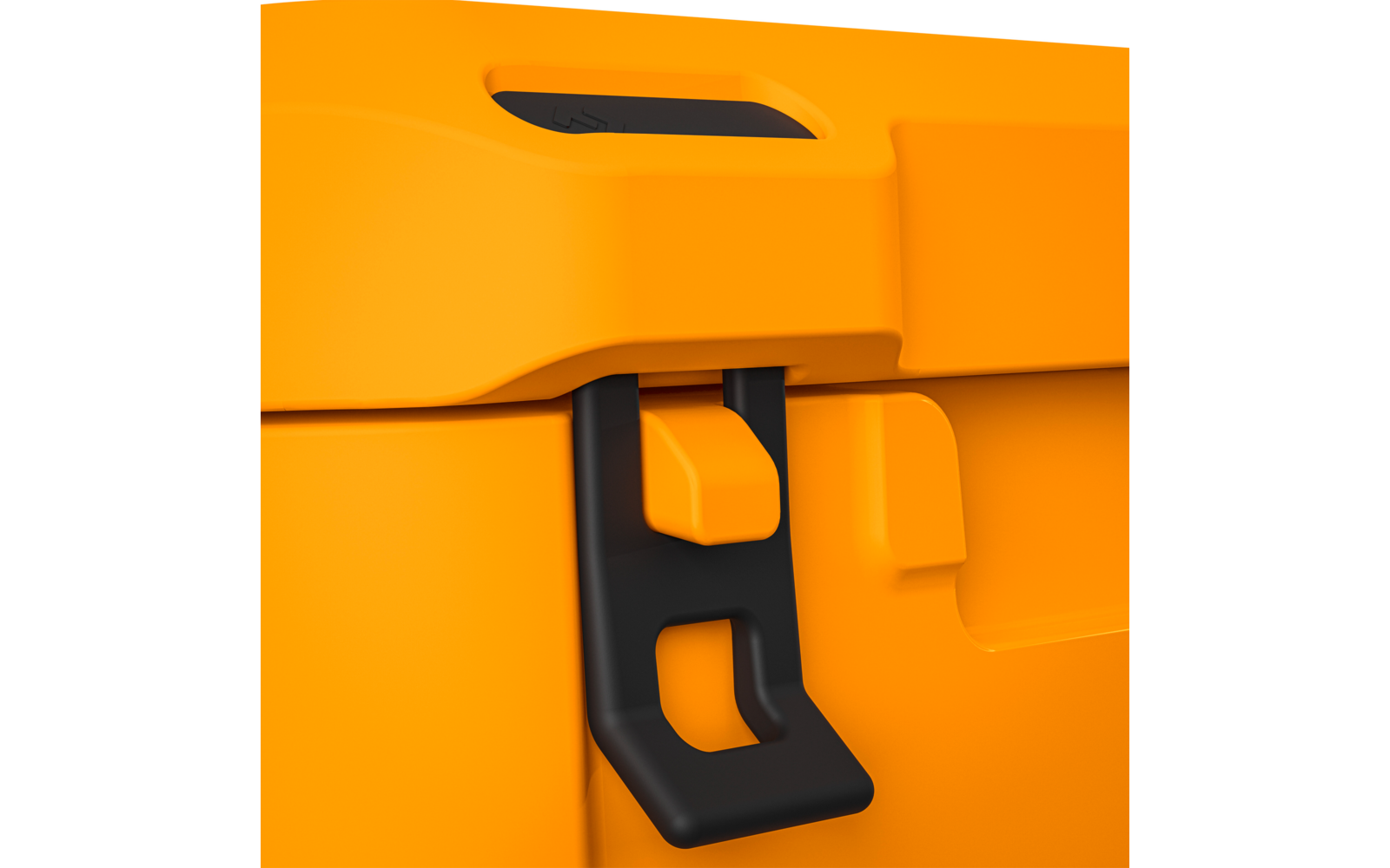 Nahaufnahme eines orangefarbenen Kunststoffkastens mit schwarzem Verriegelungsmechanismus