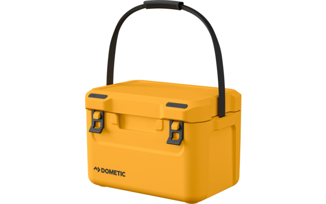 Orangene Kühlbox mit schwarzem Griff und zwei Verschlüssen