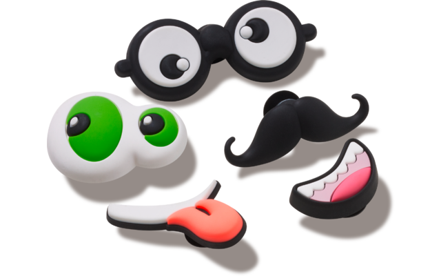 Dos pares de ojos estilo caricatura (un par blanco con iris verdes, un par blanco con pupilas negras), gafas redondas negras, bigote negro, boca abierta con lengua rosa, sobre fondo blanco