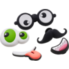 Deux paires d'yeux cartoon (une paire blanche aux iris verts, une paire blanche avec pupilles noires), lunettes rondes noires, moustache noire, bouche ouverte avec langue rose, sur fond blanc