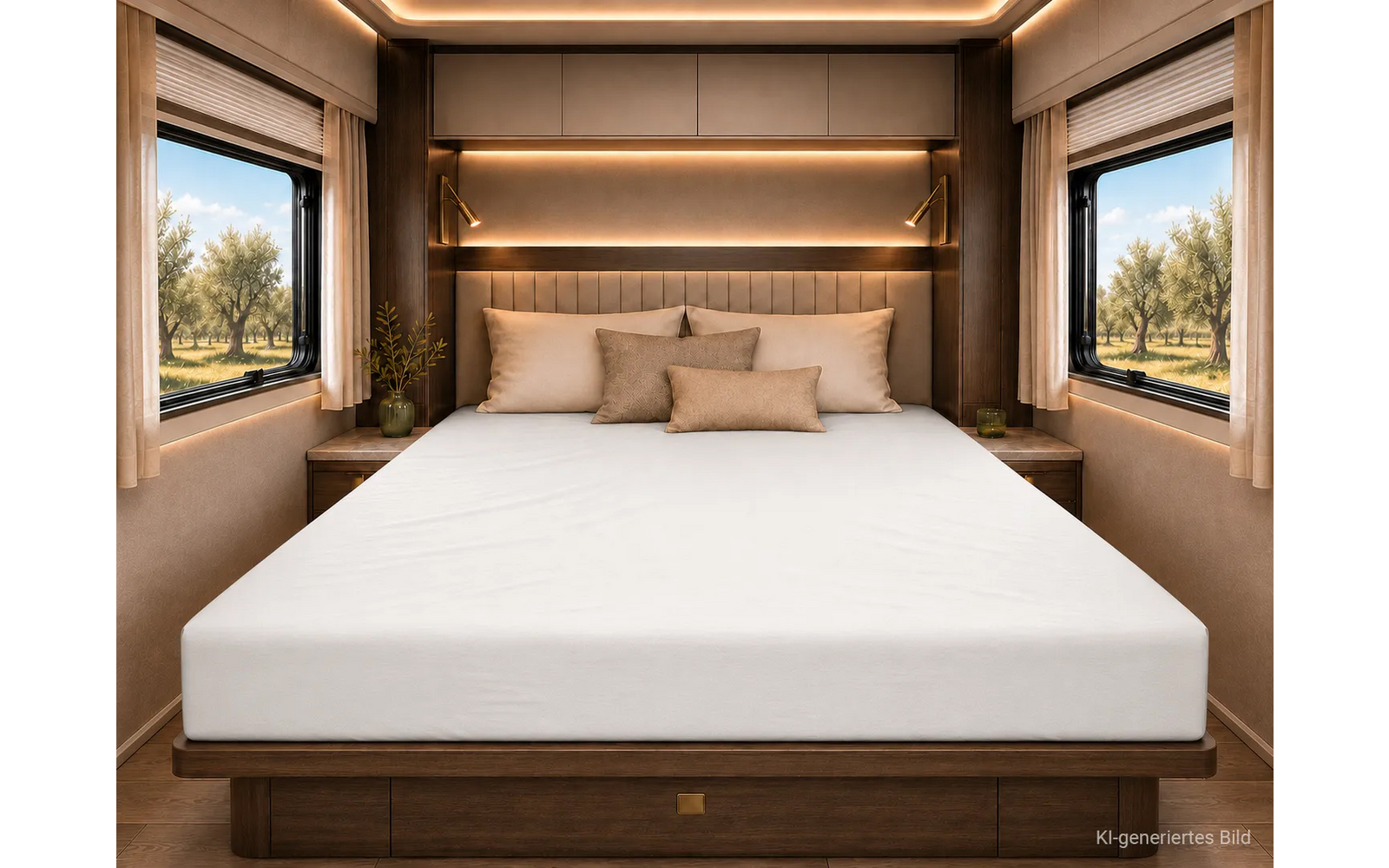 Bed met wit matras en drie beige kussens, donkerhouten hoofdeinde met ingebouwde planken en warme LED-strips, twee nachtkastjes met planten, twee zijramen met bomen en beige gordijnen, houten bedombouw met lade