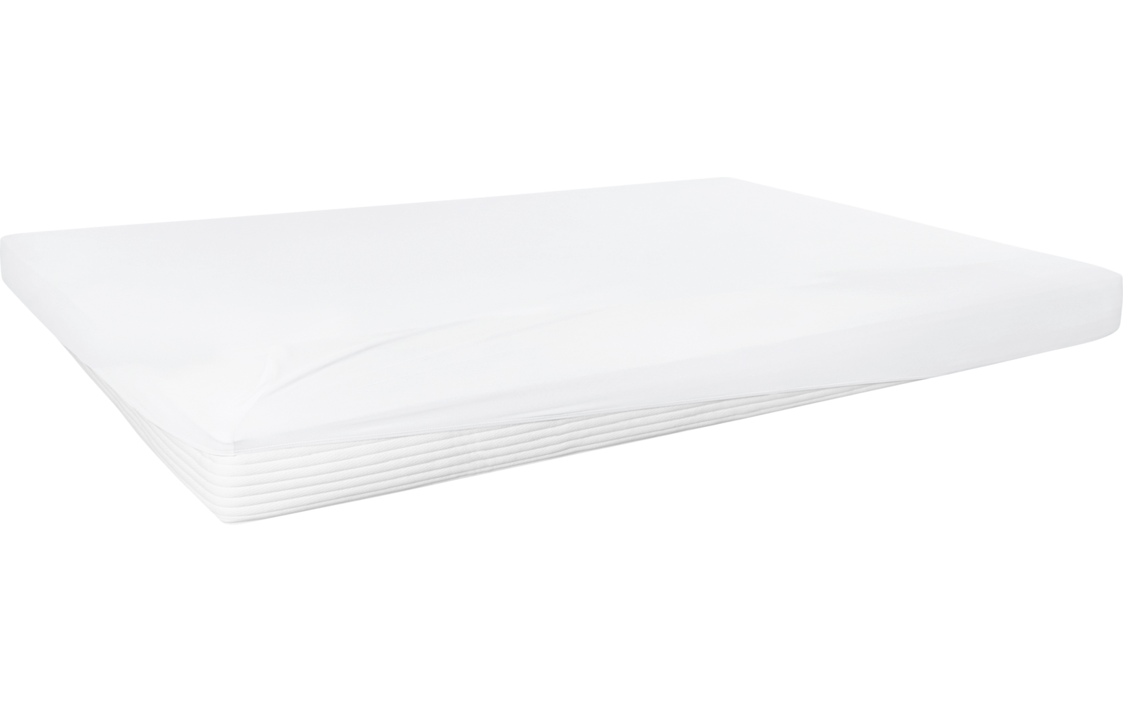 Rechthoekig wit matras met wit hoeslaken en een lichte plooi, zichtbare gelaagde zijkanten, op witte achtergrond