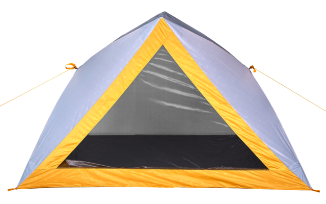 Frontansicht eines kleinen kuppelförmigen Zelts mit grauem Stoff, gelber Einfassung, dreieckiger Netzöffnung und schwarzem Innenboden; Abspannleinen an den Seiten