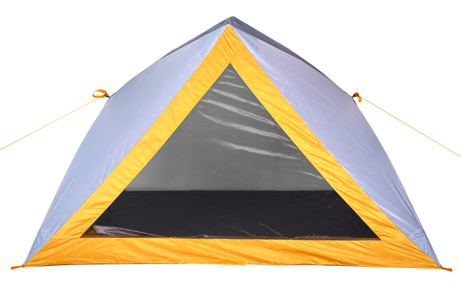 Frontansicht eines kleinen kuppelförmigen Zelts mit grauem Stoff, gelber Einfassung, dreieckiger Netzöffnung und schwarzem Innenboden; Abspannleinen an den Seiten