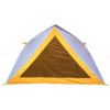 Vorderansicht eines dreieckigen Zeltes mit gelbem Rand, grauer Außenhülle und braunem, dreieckigem Eingangsnetz vor weißem Hintergrund