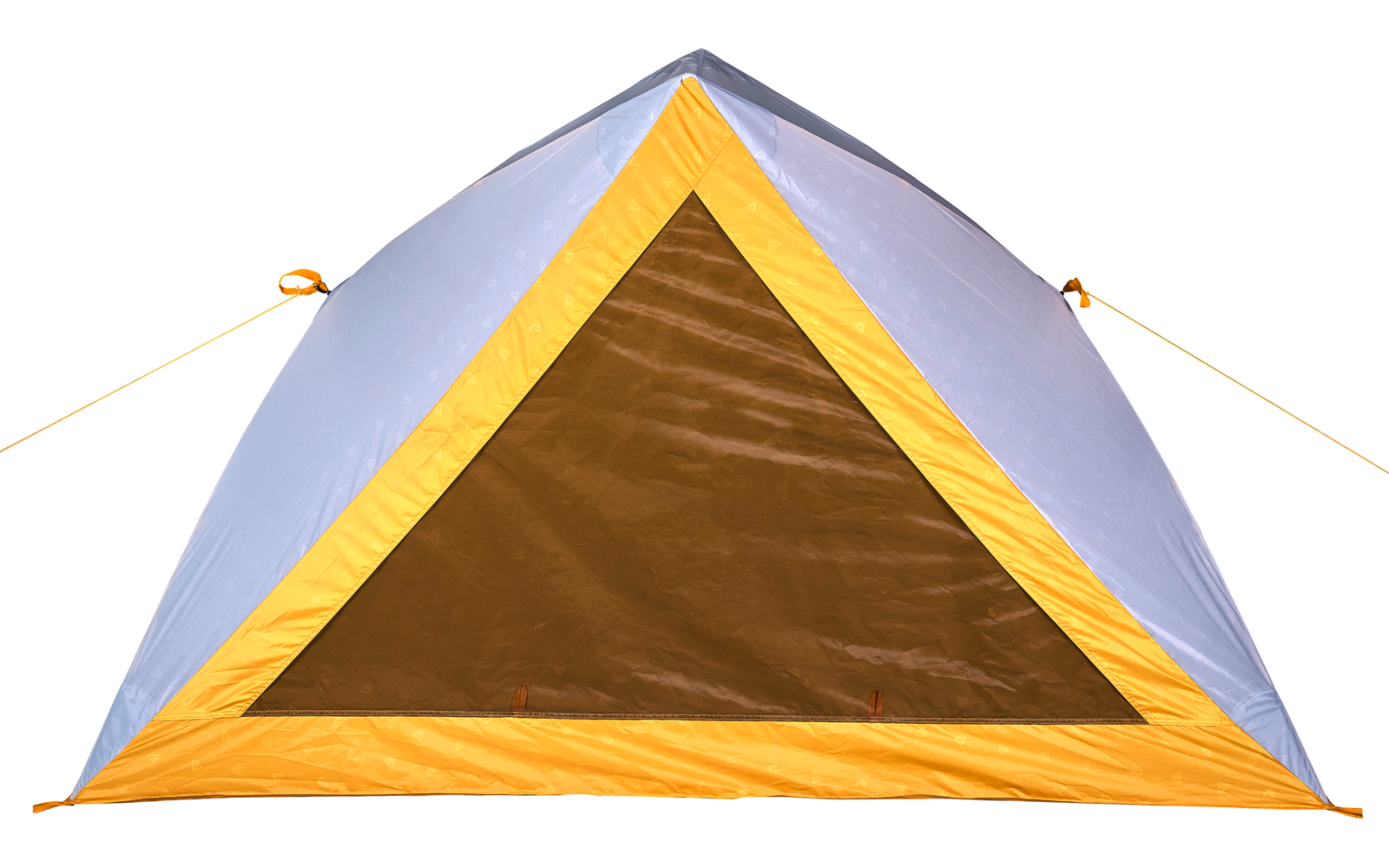 Vorderansicht eines dreieckigen Zeltes mit gelbem Rand, grauer Außenhülle und braunem, dreieckigem Eingangsnetz vor weißem Hintergrund