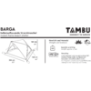 Produktetikett mit Schriftzug 'BARGA', 'Selbstaufbauende Strandmuschel' und 'Instant frame beach shelter'; rechts Logo 'TAMBU connect to nature'; technische Skizze mit Maßen 122 cm, 148 cm, 210 cm; Abschnitt 'Gewicht und Material / Weight and materia