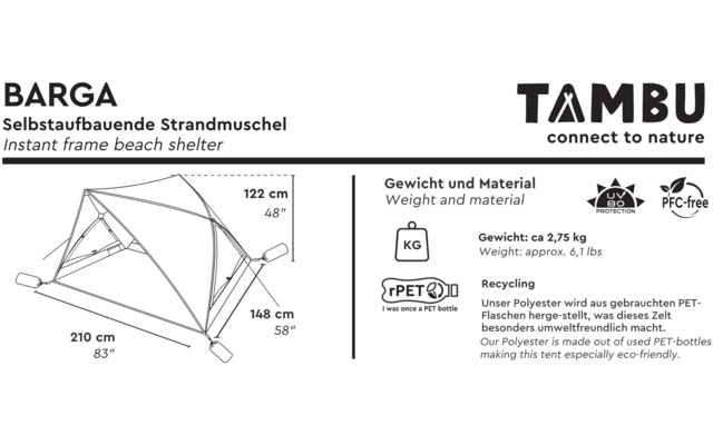 Produktetikett mit Schriftzug 'BARGA', 'Selbstaufbauende Strandmuschel' und 'Instant frame beach shelter'; rechts Logo 'TAMBU connect to nature'; technische Skizze mit Maßen 122 cm, 148 cm, 210 cm; Abschnitt 'Gewicht und Material / Weight and materia