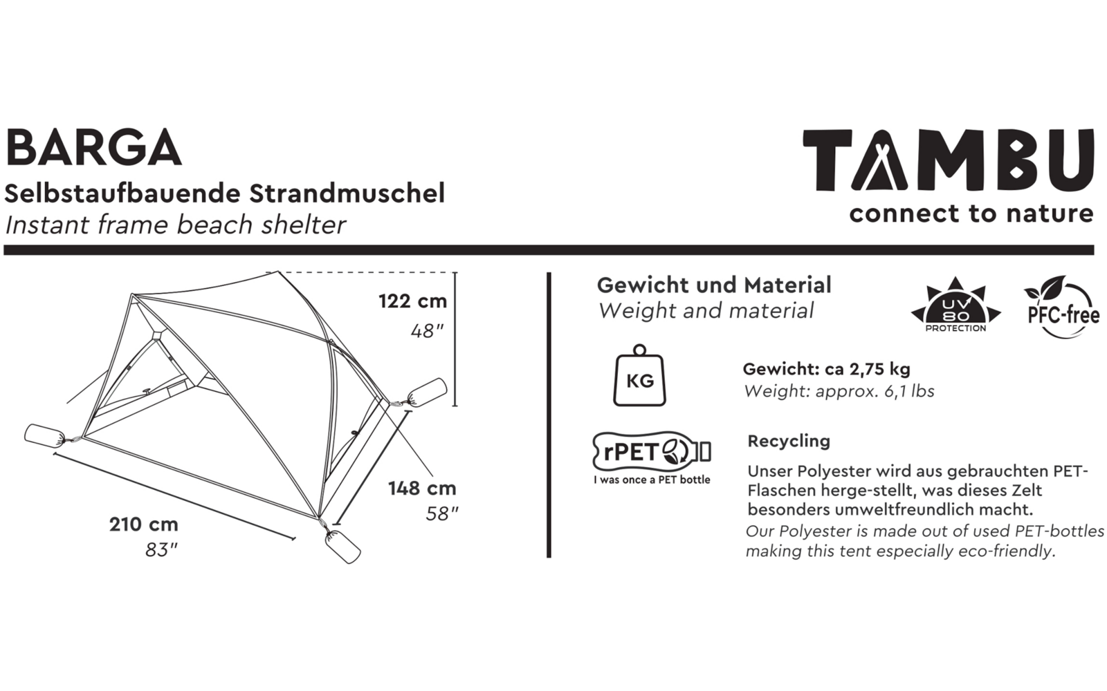 Produktetikett mit Schriftzug 'BARGA', 'Selbstaufbauende Strandmuschel' und 'Instant frame beach shelter'; rechts Logo 'TAMBU connect to nature'; technische Skizze mit Maßen 122 cm, 148 cm, 210 cm; Abschnitt 'Gewicht und Material / Weight and materia