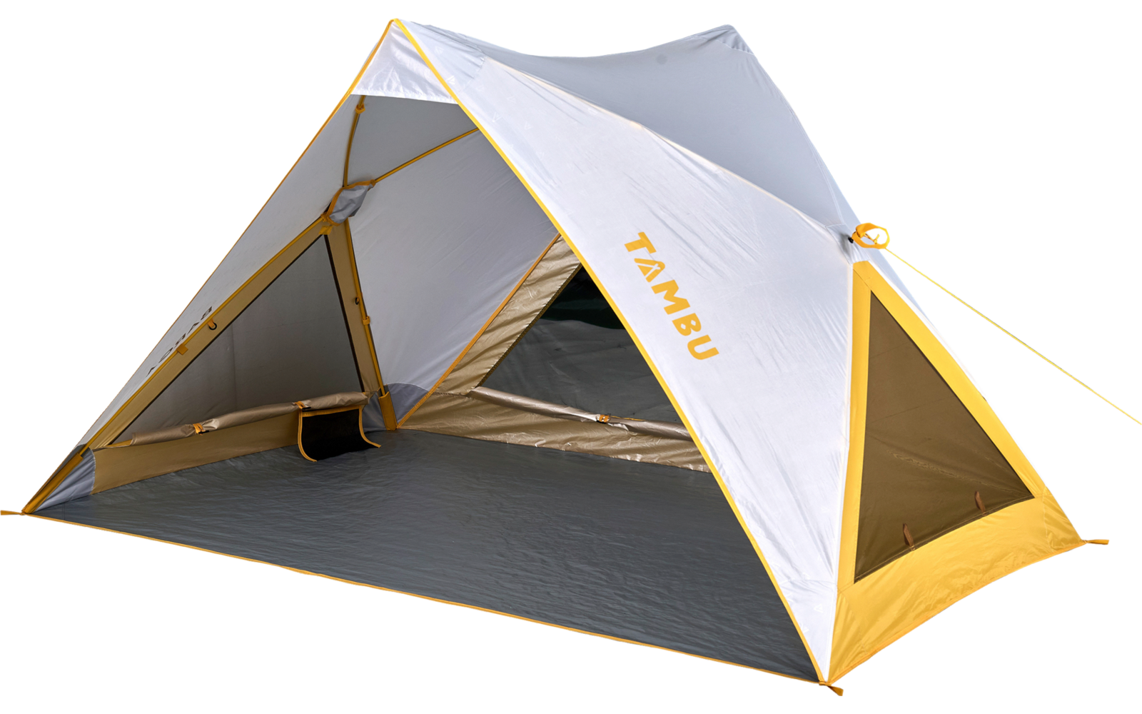 White and yellow camping tent with open entrance, visible gray floor, and "TAMBU" lettering on the outer fabric