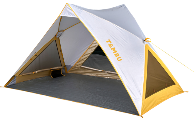 White and yellow camping tent with open entrance, visible gray floor, and "TAMBU" lettering on the outer fabric