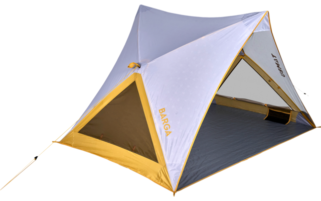 Open tent of gray and yellow fabric with printed text BARGA, visible floor mat and guy lines