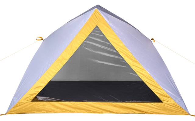 Front view of a small dome tent with gray fabric, yellow trim, triangular mesh entrance, and black interior floor; guy lines at the sides