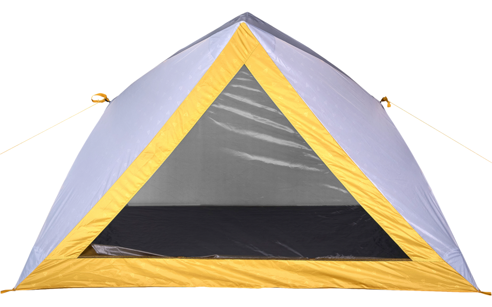 Front view of a small dome tent with gray fabric, yellow trim, triangular mesh entrance, and black interior floor; guy lines at the sides