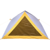 Front view of a triangular tent with yellow trim, gray outer fabric and brown triangular mesh entrance on a white background