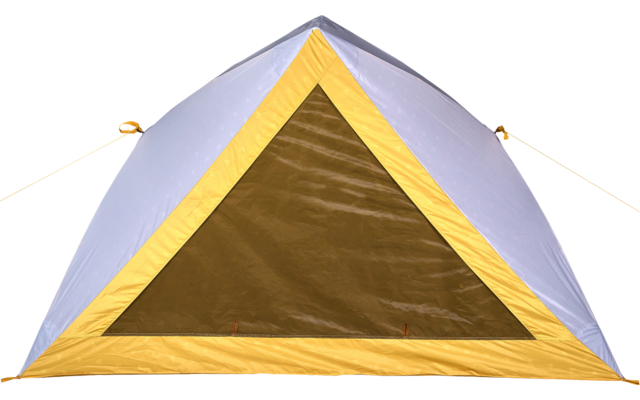 Front view of a triangular tent with yellow trim, gray outer fabric and brown triangular mesh entrance on a white background
