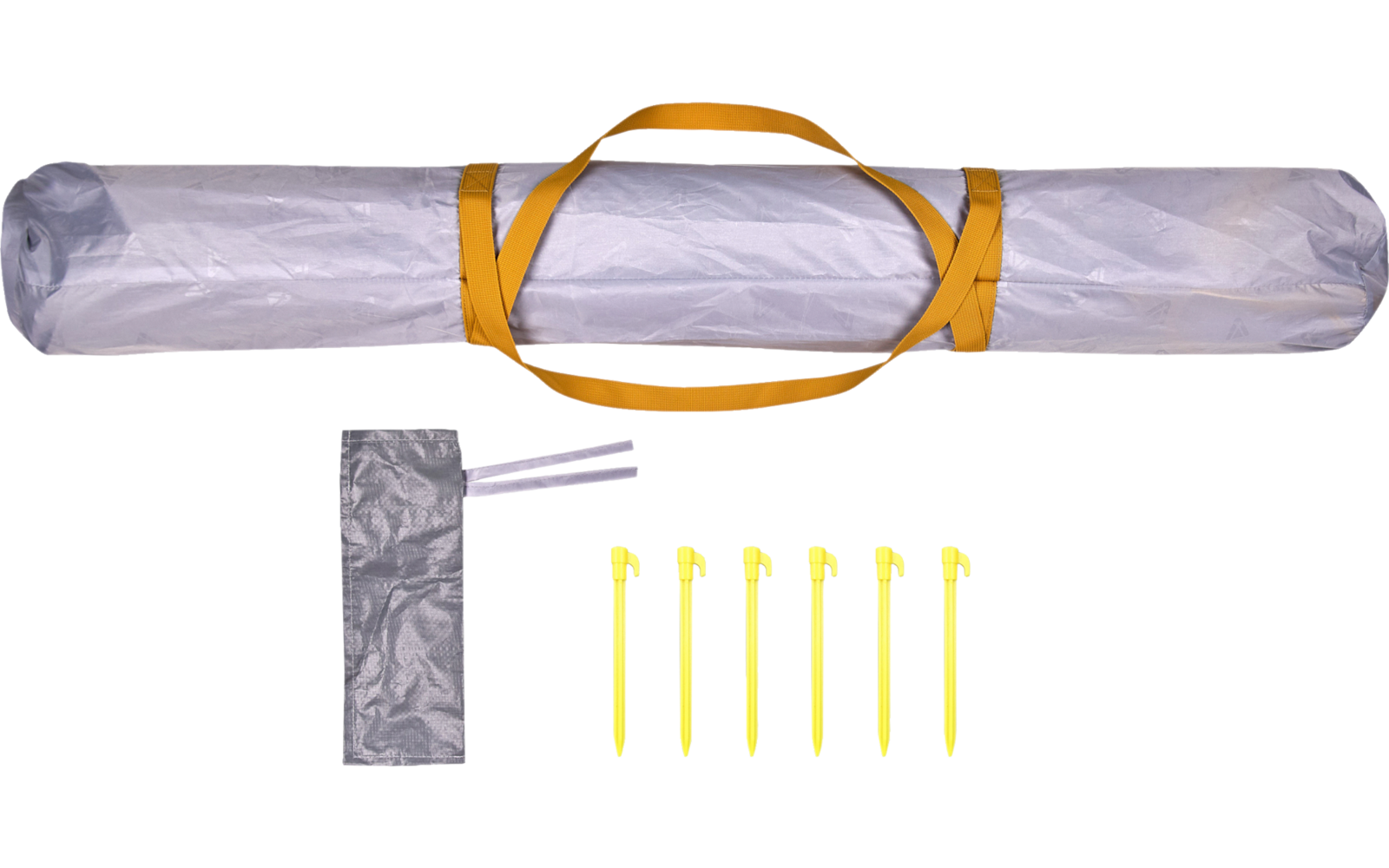 Rolled grey fabric in a grey cover with an orange carrying strap; below a small grey pouch with two thin white rods; to the right six yellow plastic pegs