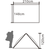 Technical drawing showing two views of a tent: top view as a rectangle labeled '210cm' at top and '148cm' inside; below a side view of a tent-shaped arch labeled '120cm' at right; to the left a black silhouette of a person wearing a backpack