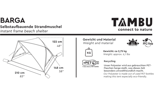 Product label showing the word 'BARGA', the German text 'Selbstaufbauende Strandmuschel' and the English text 'Instant frame beach shelter'; right side 'TAMBU connect to nature' logo; diagram with measurements 122 cm, 148 cm, 210 cm; 'Gewicht und Material / Weight and material' section with 'Gewicht: ca. 2,75 kg' and 'Weight: approx. 6,1 lbs', recycling paragraph and material/recycling icons