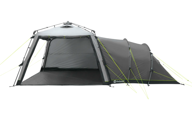 Graues Tunnelzelt mit geöffnetem Eingang und gelben Abspannleinen