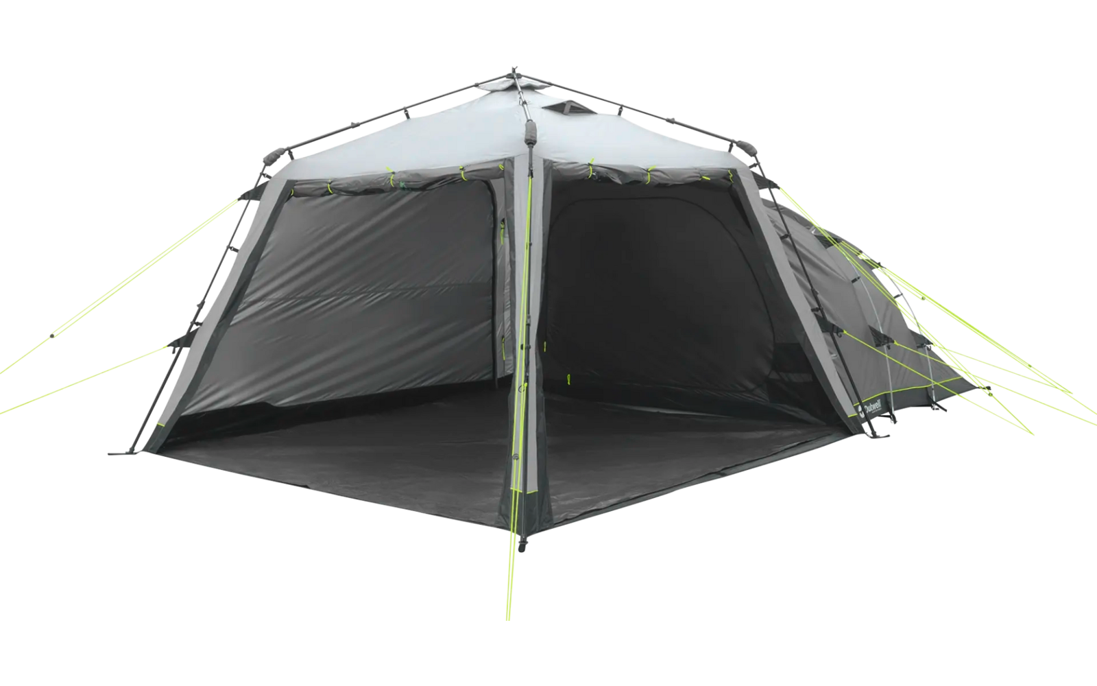 Zelt mit offenen Eingängen und grünen Abspannleinen