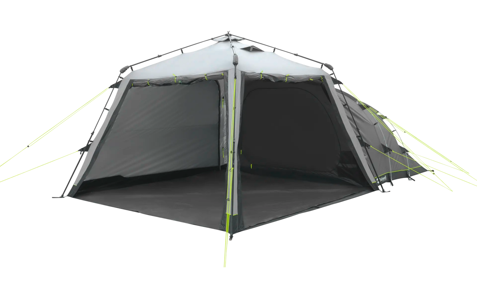 Ein graues Zelt mit geöffnetem Eingang und grünen Abspannleinen