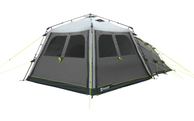 Graues Zelt mit zwei großen Fenstern und mehreren gelben Abspannleinen