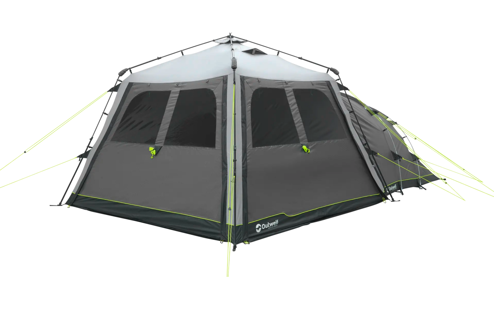 Graues Zelt mit zwei großen Fenstern und mehreren gelben Abspannleinen