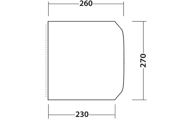 Technische Zeichnung eines rechteckigen Objekts mit abgerundeter Ecke, Maße 260 mal 270 Millimeter