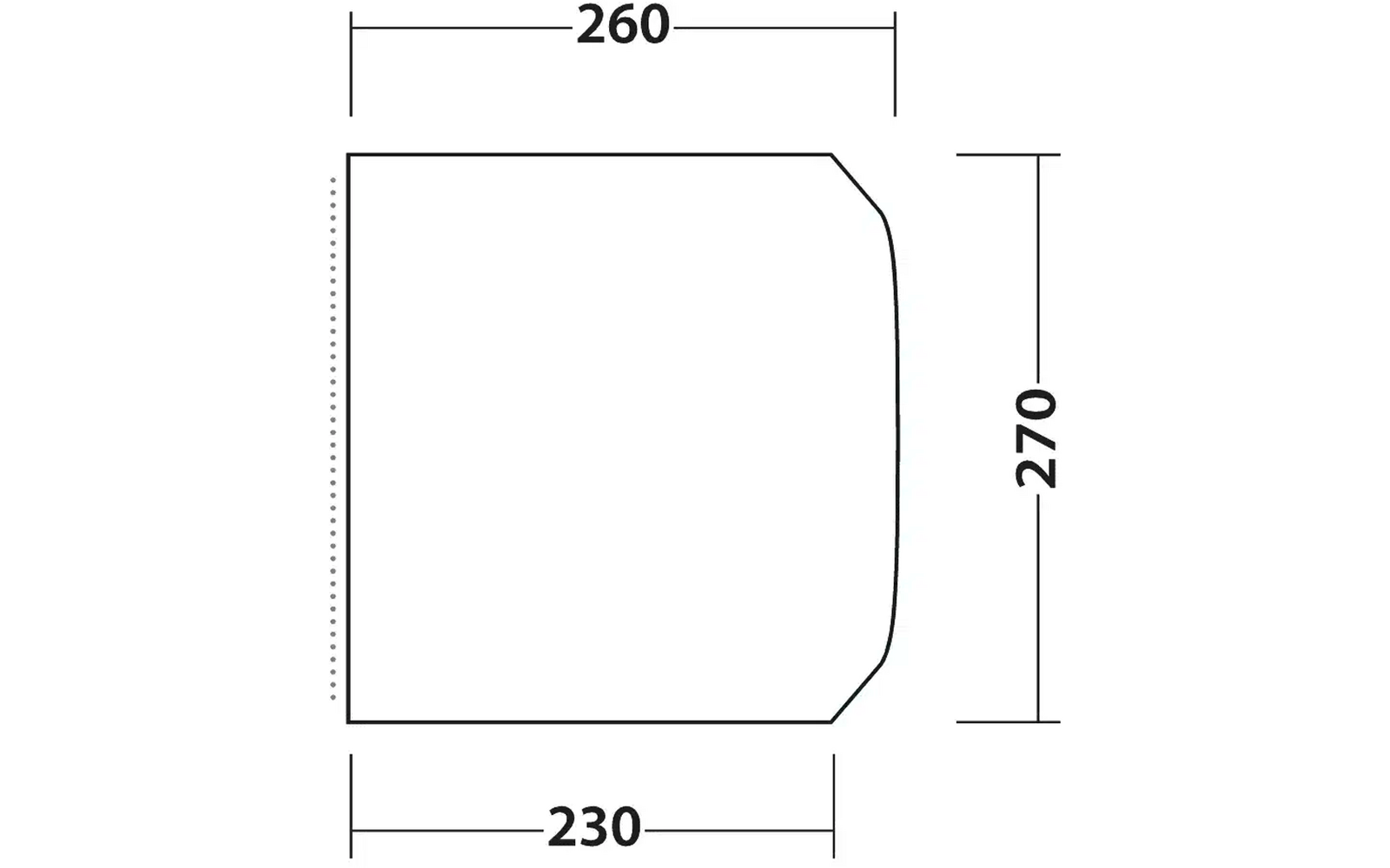 Technische Zeichnung eines rechteckigen Objekts mit abgerundeter Ecke, Maße 260 mal 270 Millimeter