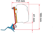 Side view: white rounded object on the right, red L-shaped bracket in the middle, yellow spacer, blue base with two screws on the left. Red dimension lines labeled 112 mm, 41 mm, and 169 mm