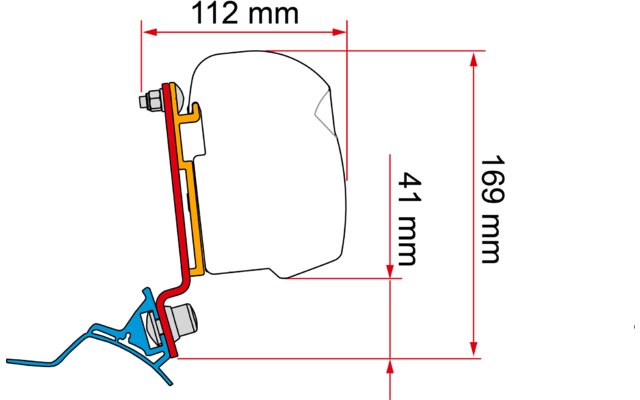 Side view: white rounded object on the right, red L-shaped bracket in the middle, yellow spacer, blue base with two screws on the left. Red dimension lines labeled 112 mm, 41 mm, and 169 mm