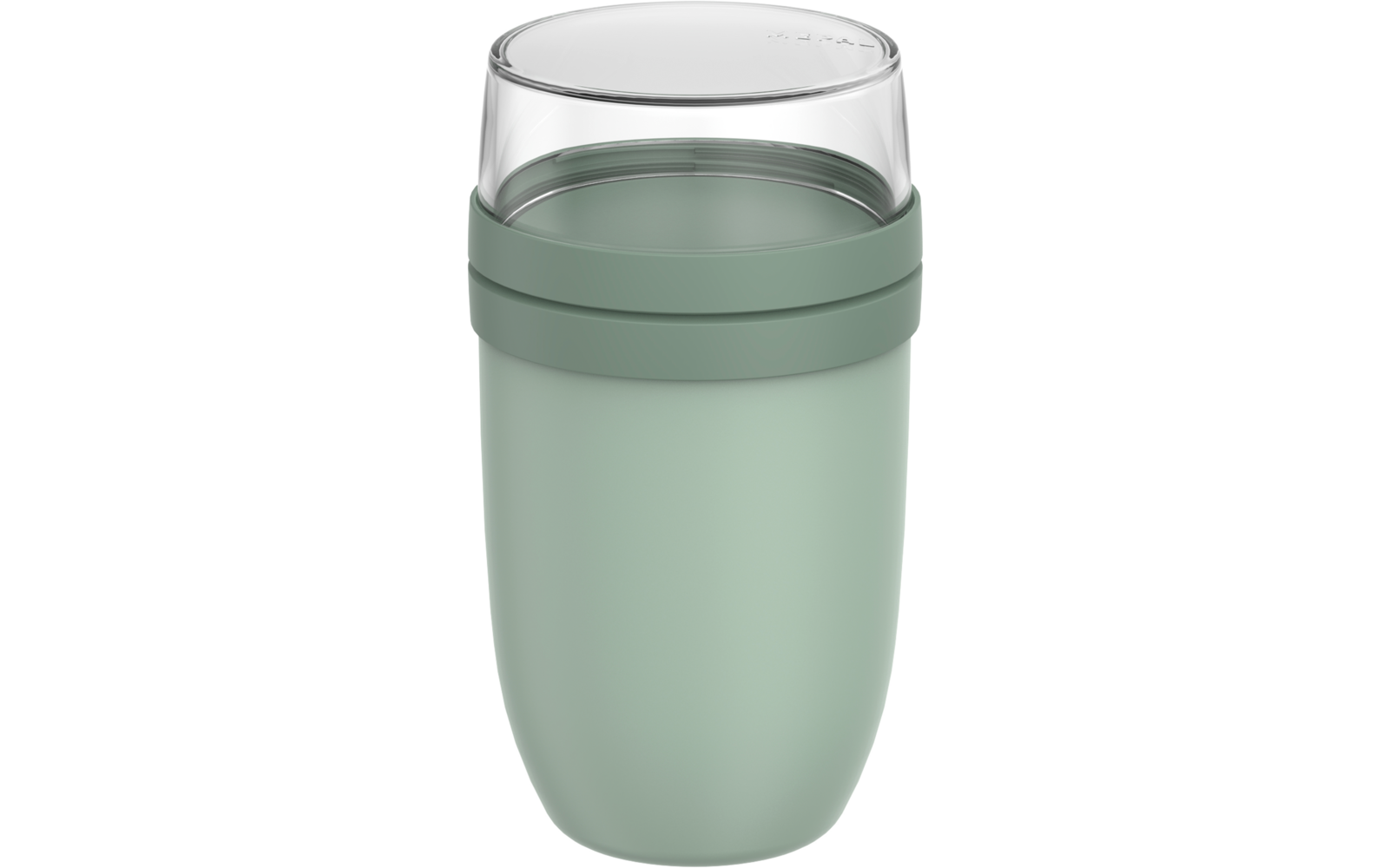 Becher mit abgerundetem Boden, hellgrünem Körper, dunkler grüner Manschette unter transparentem Deckel