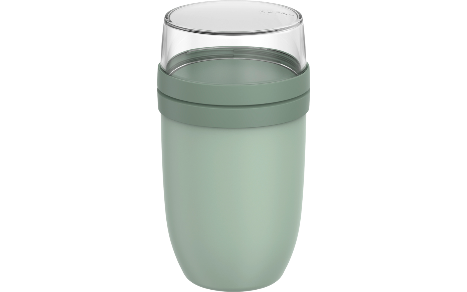 Becher mit abgerundetem Boden, hellgrünem Körper, dunkler grüner Manschette unter transparentem Deckel