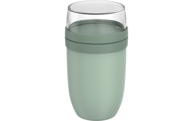 Becher mit abgerundetem Boden, hellgrünem Körper, dunkler grüner Manschette unter transparentem Deckel