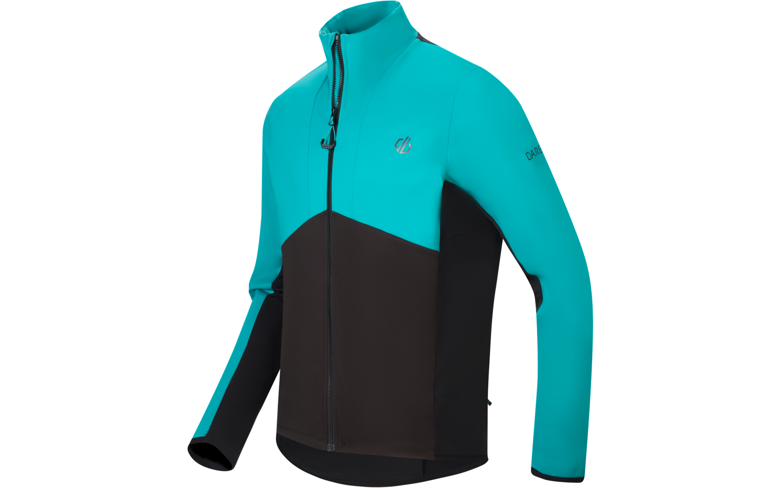 Türkis-schwarze Jacke mit durchgehendem Reißverschluss, Stehkragen, langen Ärmeln und Logo auf der linken Brust