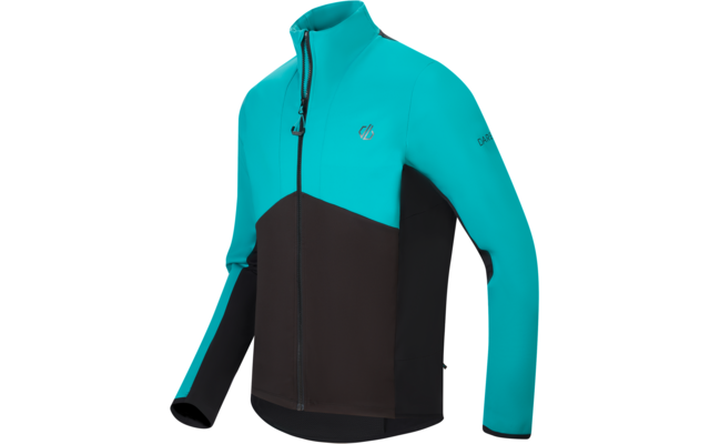 Türkis-schwarze Jacke mit durchgehendem Reißverschluss, Stehkragen, langen Ärmeln und Logo auf der linken Brust