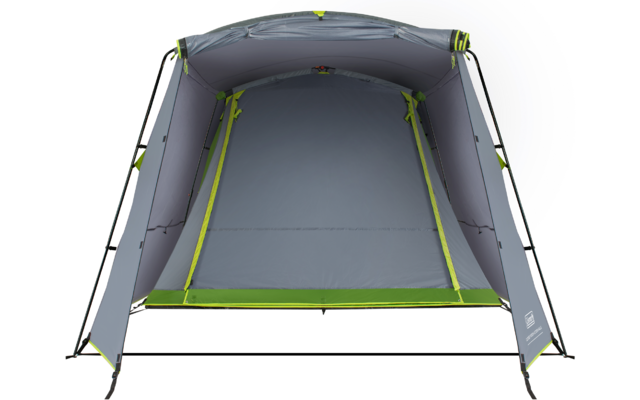 Innenansicht eines grauen Zeltes mit grünem Rand am Boden, grauem Innenboden und schwarzem Gestänge