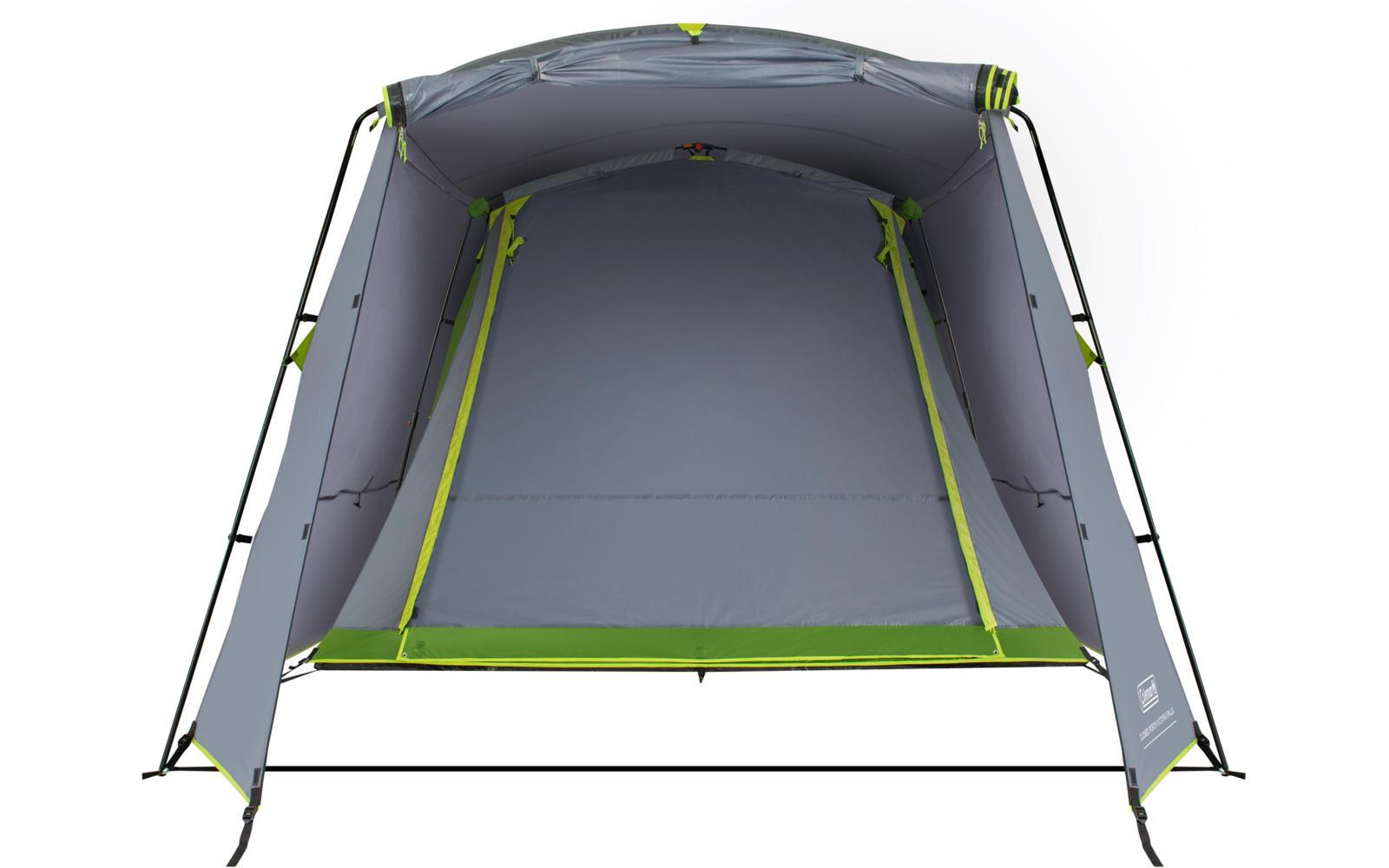 Innenansicht eines grauen Zeltes mit grünem Rand am Boden, grauem Innenboden und schwarzem Gestänge