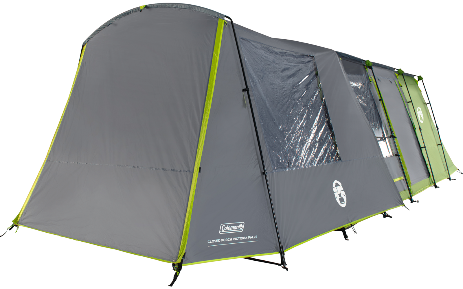 Graues Tunnelzelt mit grünen Akzenten, transparentes Seitenfenster, sichtbare Gestänge und Eingangsöffnung