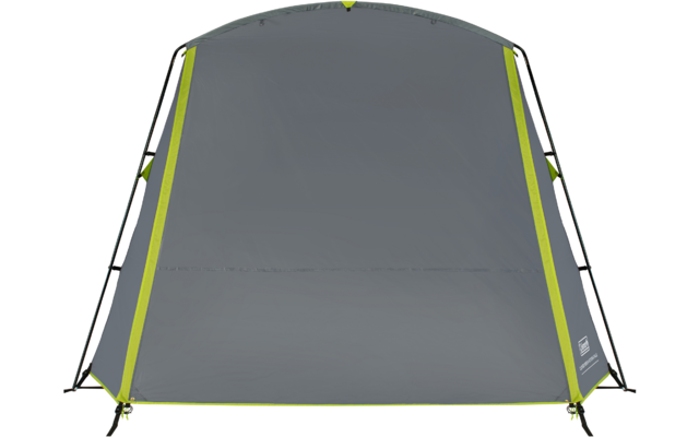 Vertikale graue Stoffwand mit hellgrünen Kanten, gehalten von schwarzen Gestängebögen; Befestigungspunkte an den unteren Ecken