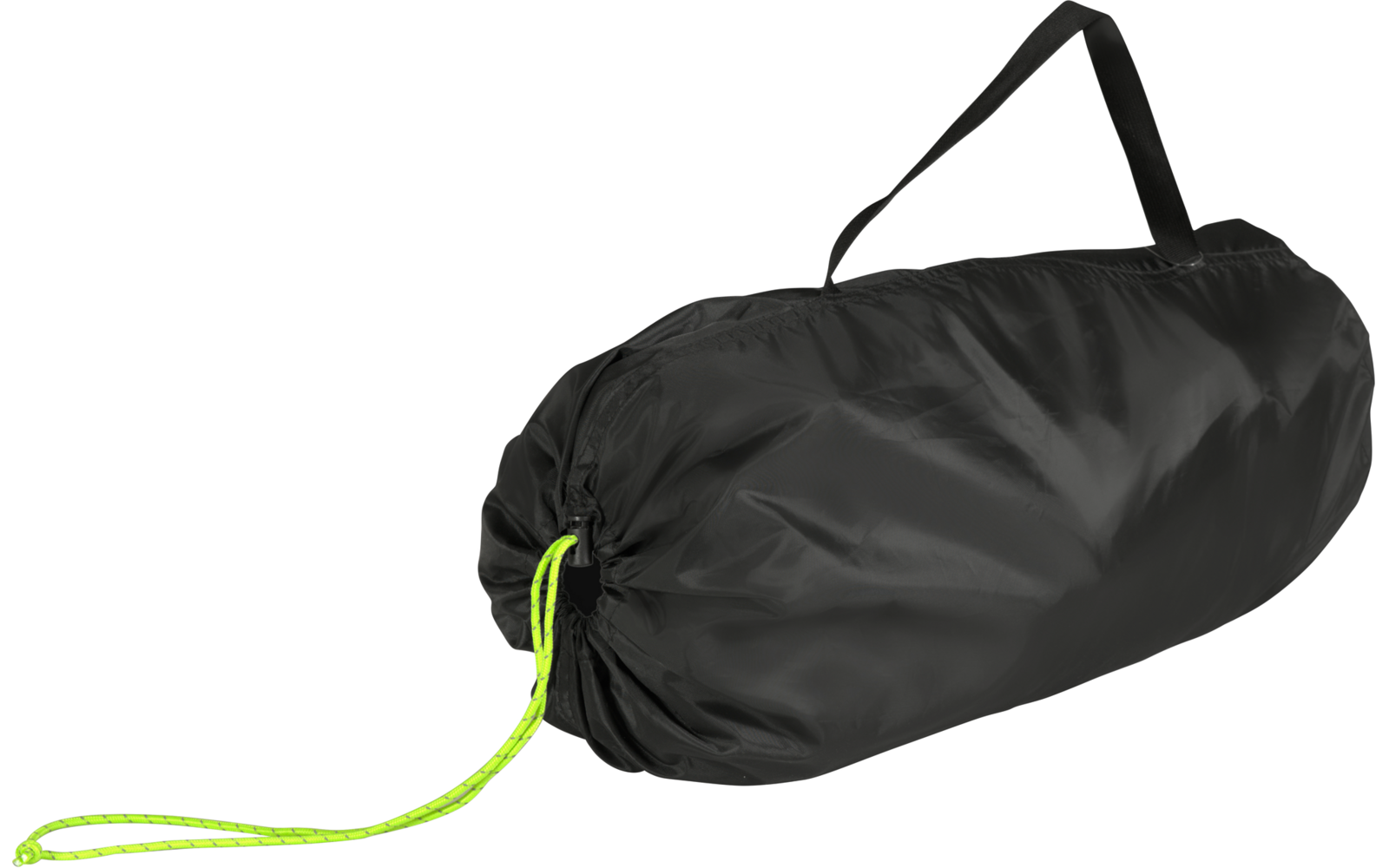 Schwarzer zylindrischer Packsack mit neon-grünem Kordelzug und Tragegurt auf weißem Hintergrund