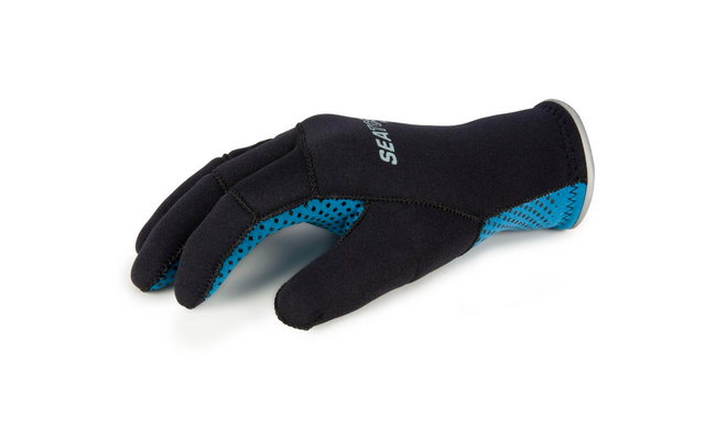 Zwarte handschoen met blauwe accenten op witte achtergrond