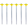 Six metal stakes with yellow T-shaped plastic handles side by side