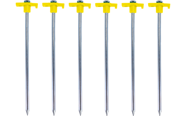 Six metal stakes with yellow T-shaped plastic handles side by side