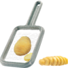 Cadre métallique rectangulaire avec tiges parallèles et poignée ; sur le cadre une pomme de terre pelée partiellement tranchée en fines rondelles ; à droite une pile de rondelles de pomme de terre ; en haut à gauche logo 'Made in Germany' et texte '5 Jahre Garantie / years guarantee' sur fond blanc