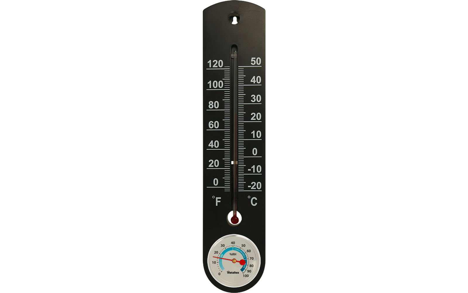 Schwarzes schmales Wandthermometer mit Aufhängeloch oben, zwei vertikalen Skalen mit weißen Zahlen für °F (links) und °C (rechts), roter Flüssigkeitsstand in Glasröhre, unten rundes Anzeigeinstrument mit farbigen Bereichen und Zeiger