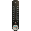 Schwarzes schmales Wandthermometer mit Aufhängeloch oben, zwei vertikalen Skalen mit weißen Zahlen für °F (links) und °C (rechts), roter Flüssigkeitsstand in Glasröhre, unten rundes Anzeigeinstrument mit farbigen Bereichen und Zeiger