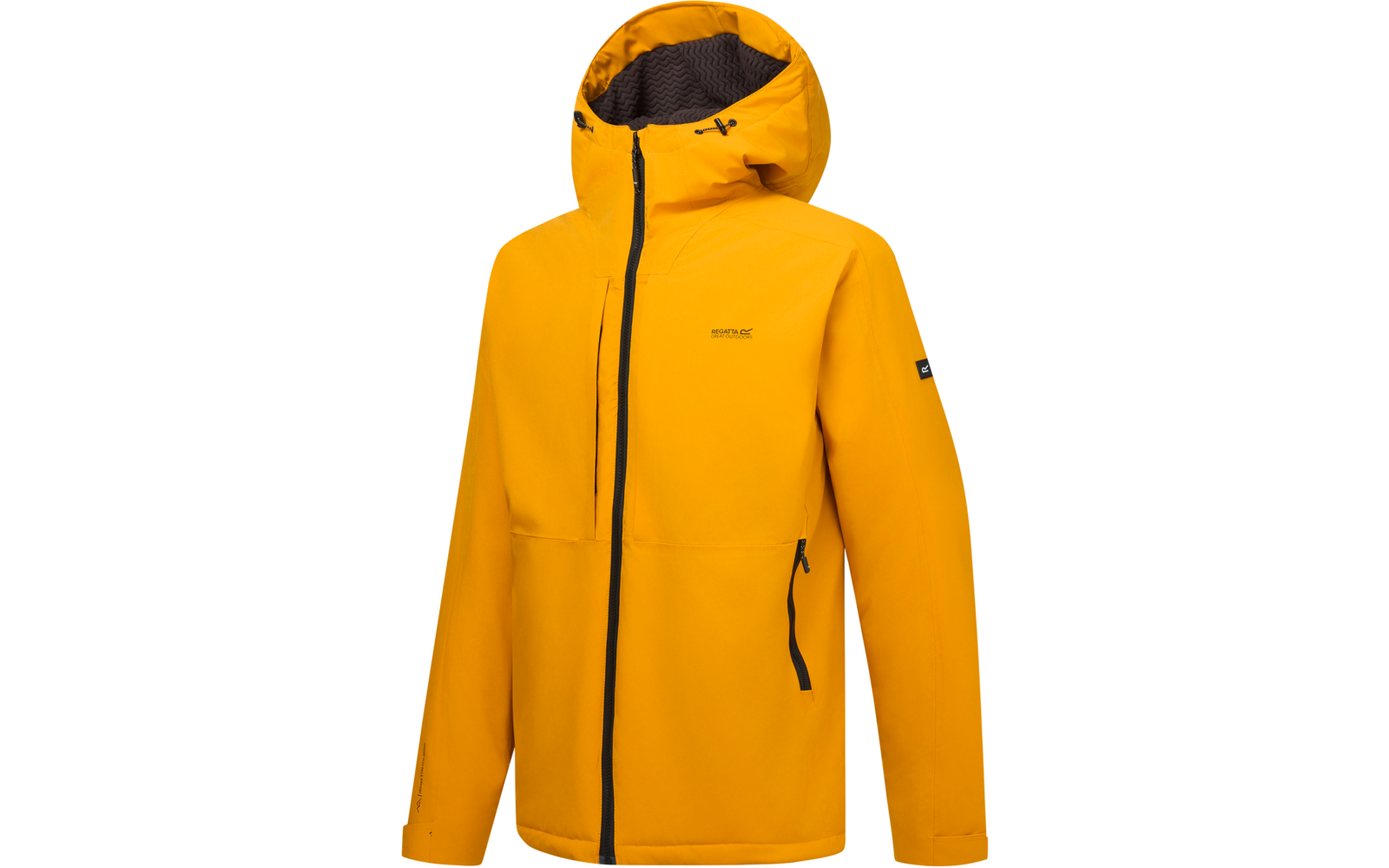 Gelbe Kapuzenjacke mit durchgehendem schwarzem Reißverschluss, seitlichen Reißverschlusstaschen und kleinem Logo auf der Brust